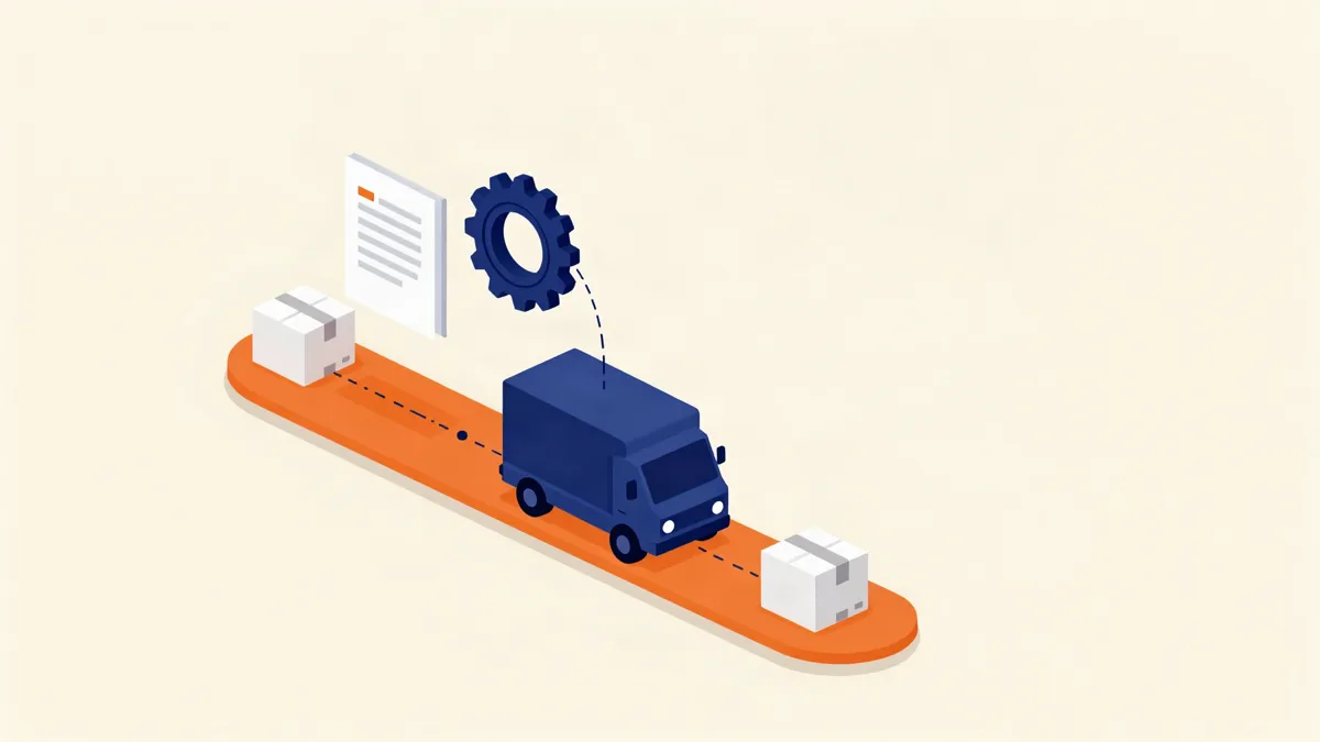 Ilustração isométrica de um caminhão em um fluxo automatizado com engrenagem e documentos conectados