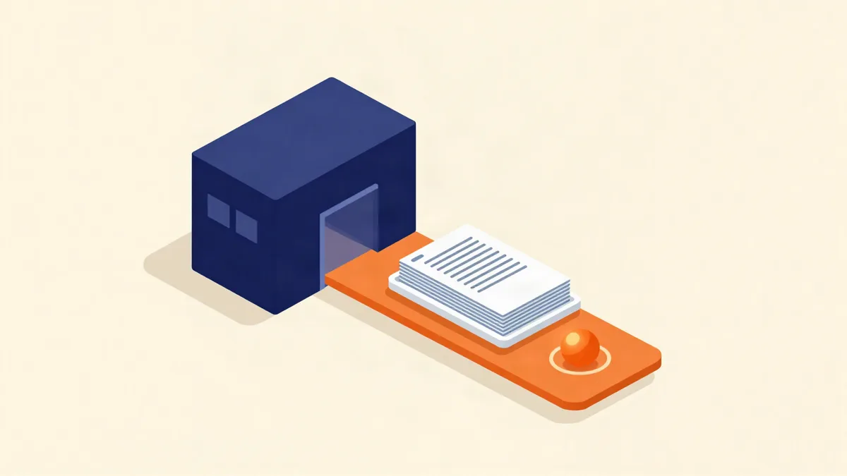 Ilustração isométrica de uma pilha de documentos sendo transferida de um prédio para um agente de automação
