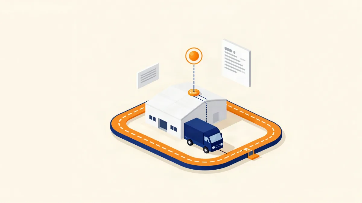 Ilustração isométrica de um hub logístico com caminhão, galpão e documentos conectados a um nó central de IA