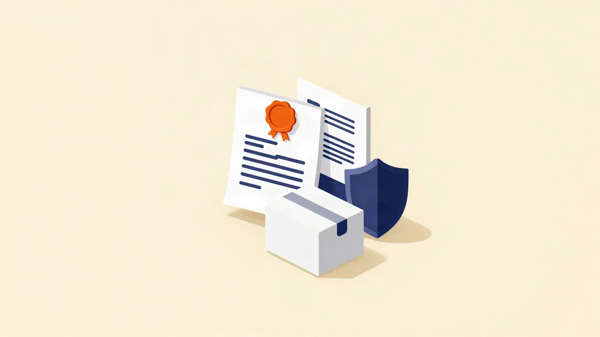 Ilustração isométrica de um documento com selo de averbação ao lado de uma carga segurada