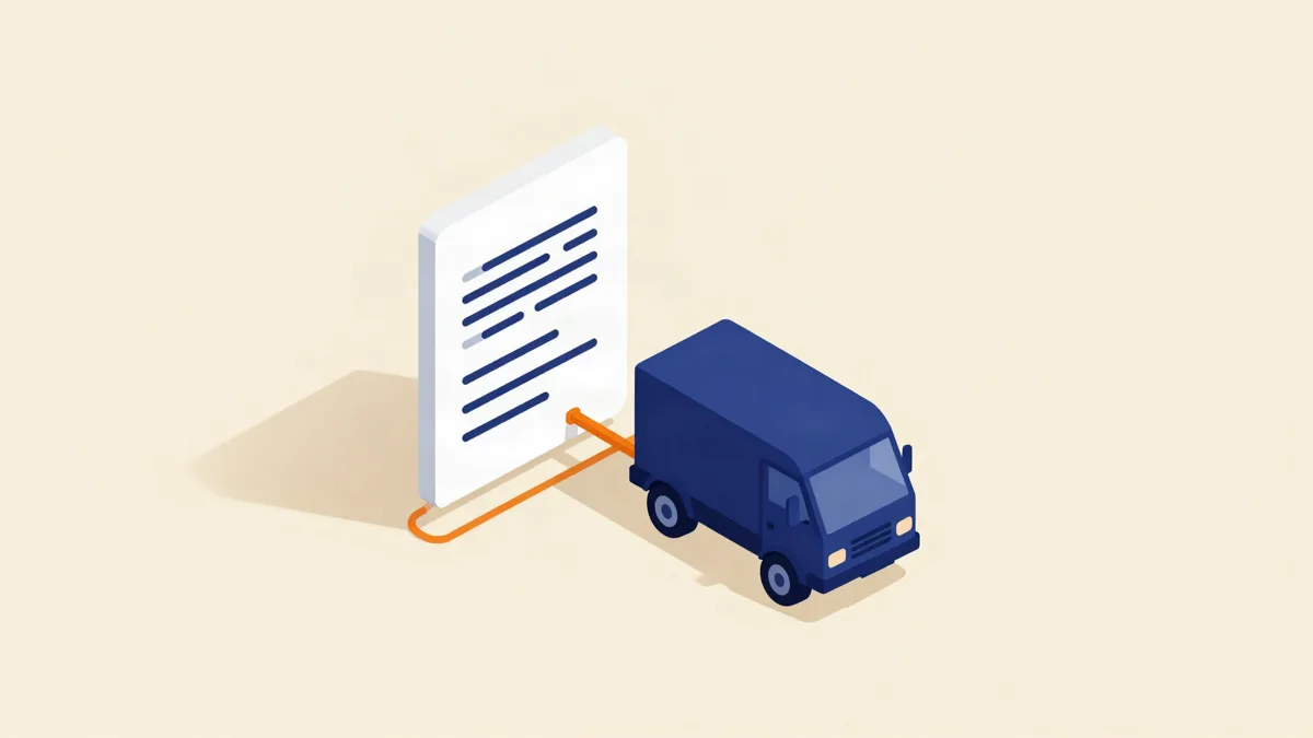Ilustração isométrica de um documento fiscal ao lado de um caminhão de carga