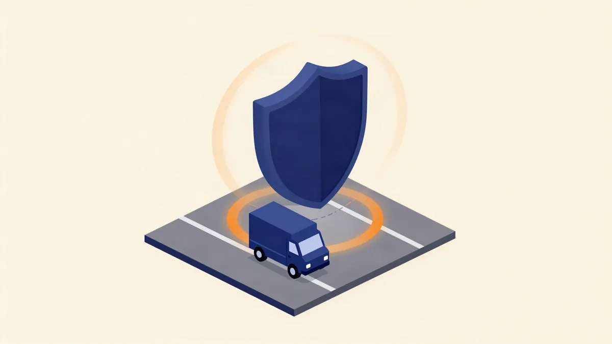 Ilustração isométrica de um caminhão protegido por um escudo de gerenciamento de risco