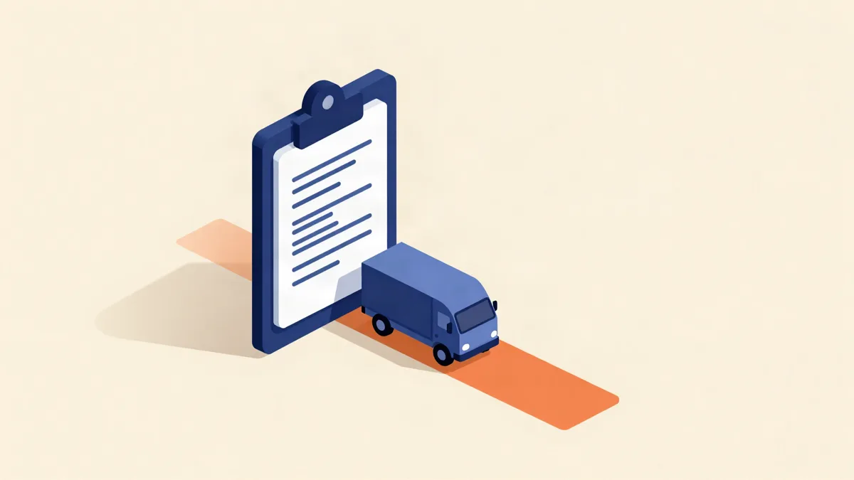 Ilustração isométrica de uma prancheta com o manifesto da viagem e um caminhão partindo