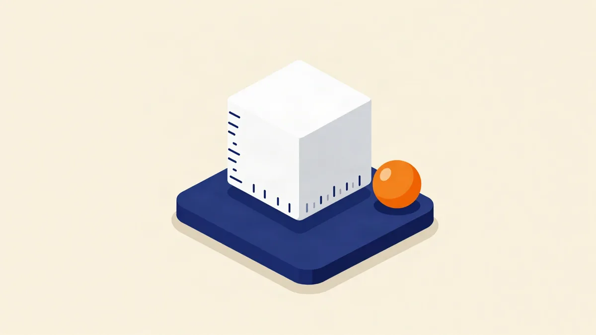 Ilustração isométrica de um cubo com marcações de medida sobre uma balança