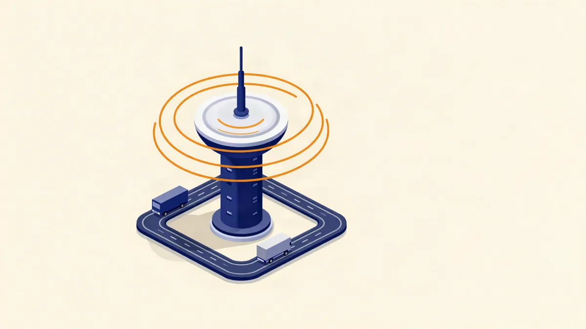Ilustração isométrica de uma torre de controle com anéis de radar sobre caminhões em rota