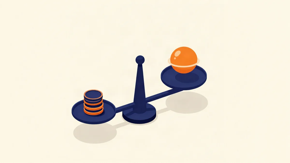 Ilustração isométrica de uma balança equilibrando moedas e um núcleo de automação